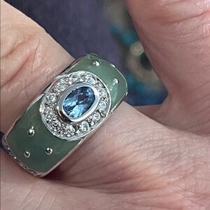 Seafoam green  Enamel Silver Ring with Blue Crystal gemstone,  stamped RP 925, 8